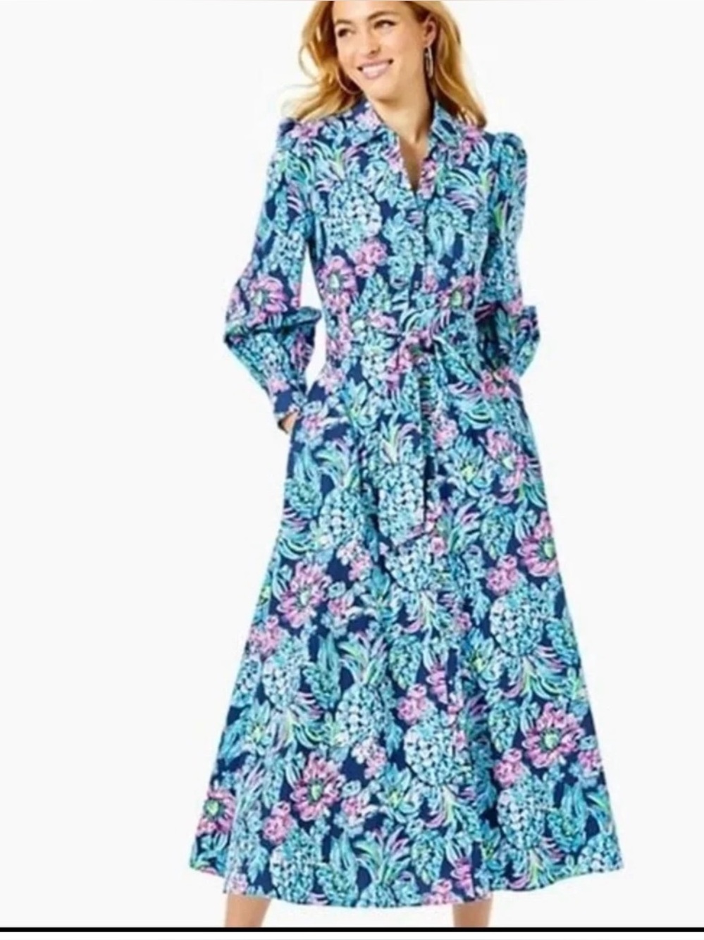 Lilly Pulitzer Mira stretch shirt dress high tide navy pineapple Size 4